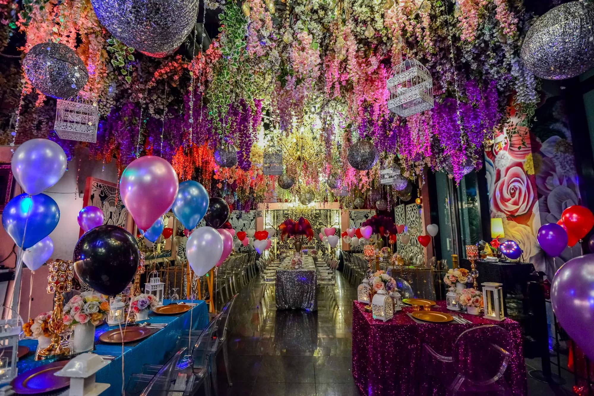 Decorated birthday party venue with balloons